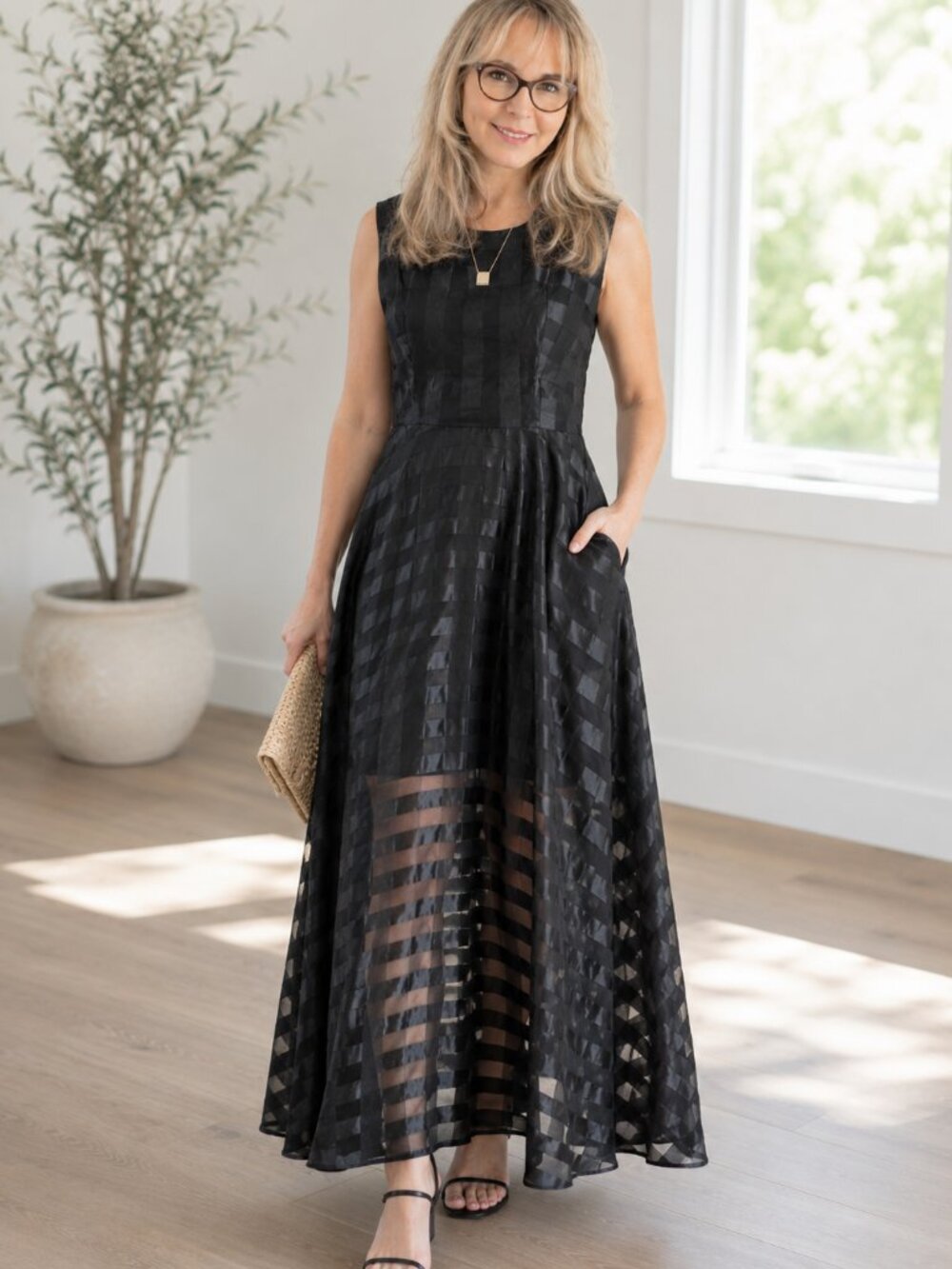 Ketty More Black Windowpane Maxi Dress | Sheer Overlay | Pockets | Summer Event